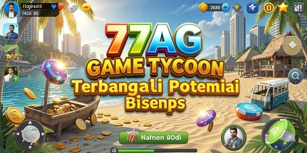 Screenshot utama menunjukkan gameplay manajemen bisnis yang menarik.