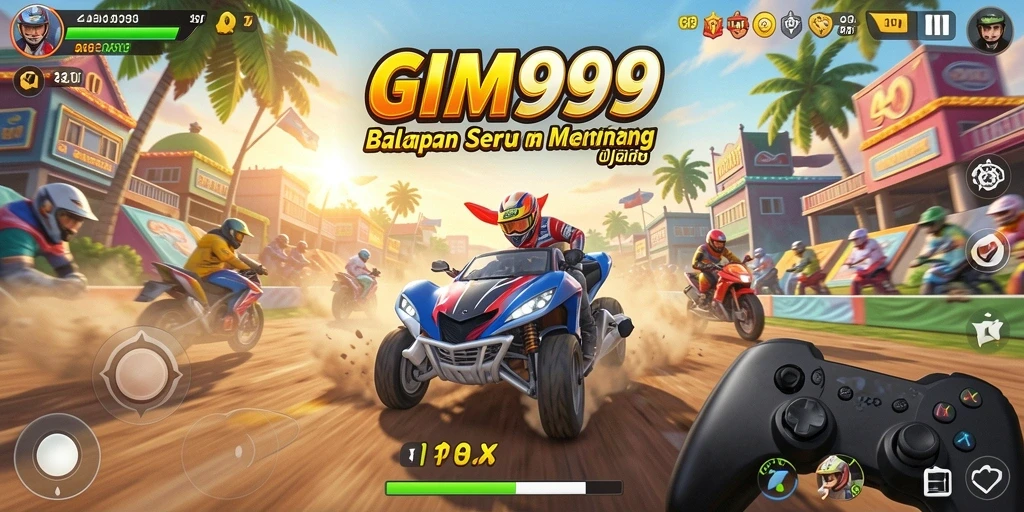 Screenshot utama GIM999 menampilkan aksi mendebarkan balapan di trek yang menantang.
