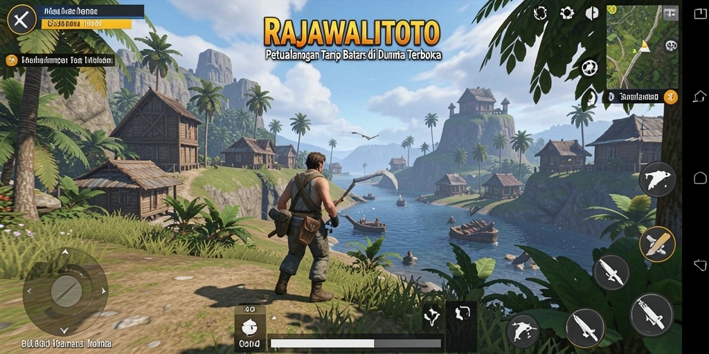 Screenshot gameplay RAJAWALITOTO menunjukkan petualangan seru di dunia terbuka.